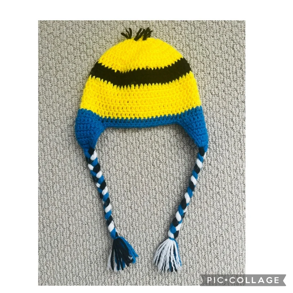 Crochet Minion Inspired Kids Hat Earflaps Braided Ties Toddler Child